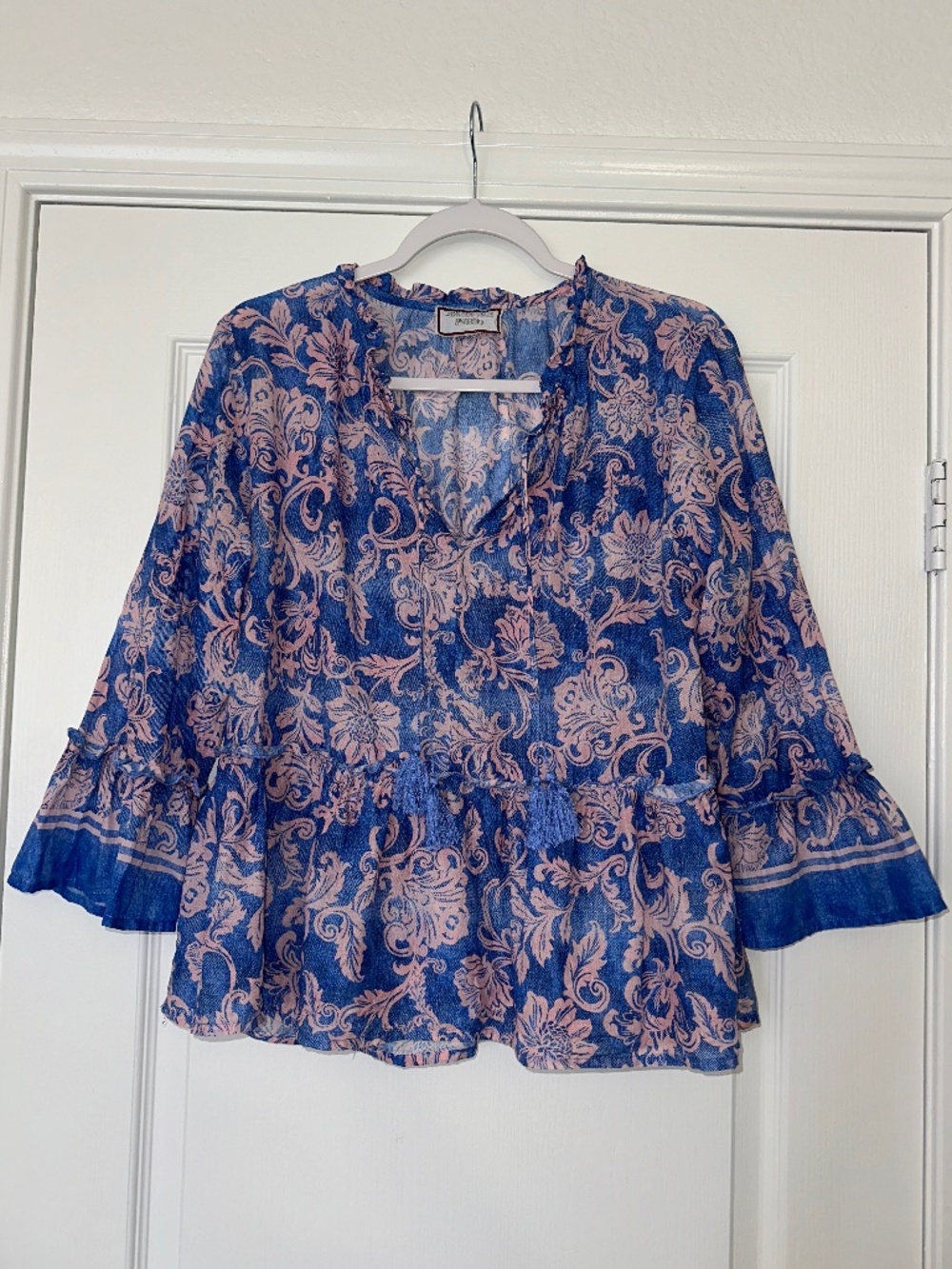 Johnny Was Florentina Ruffle Lake Cotton Blouse Blue Pink Floral Bohemian Artsy